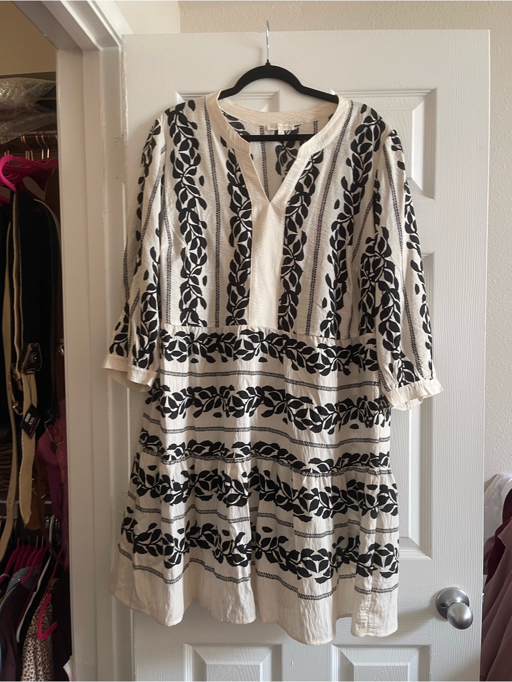 fig and flower Cream Midi Dress with Black Leaf Trim